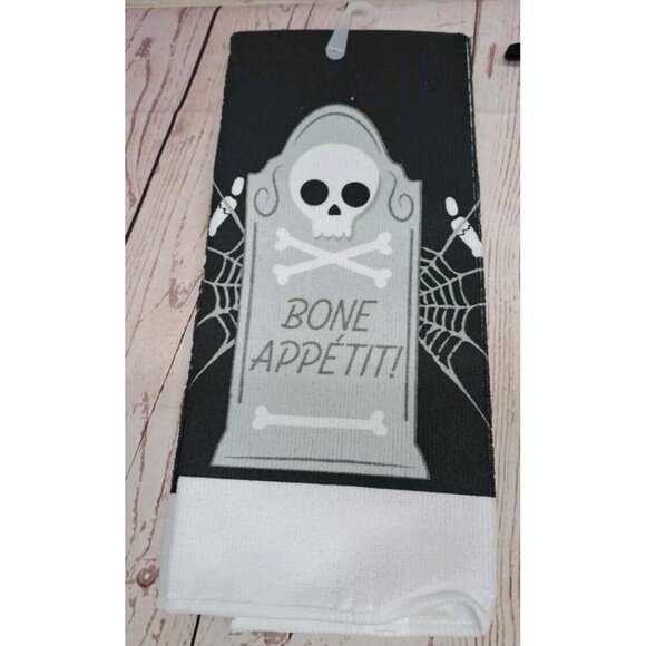 4pc Halloween Spooky Skeleton Spider Web Tombstone Pot Holders, Oven Mitt, Towel - Picture 5 of 7